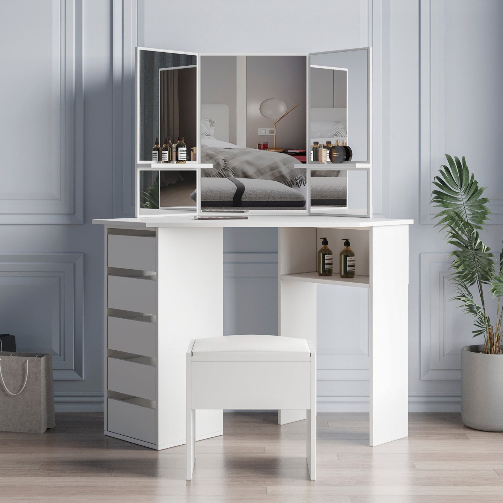 Modern Tri Fold Mirror Vanity with Storage and Stool Set DormVibes