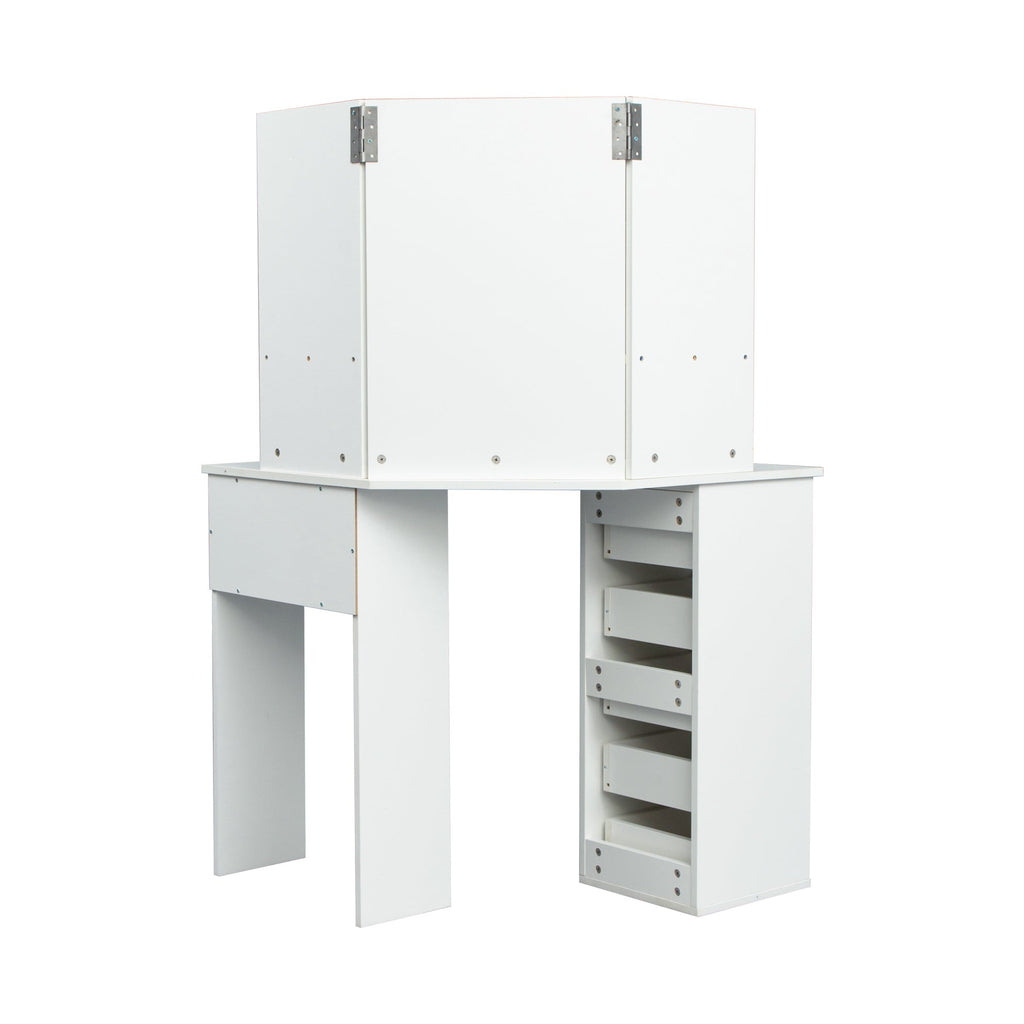 Modern Tri-Fold Mirror Vanity with Storage and Stool Set - DormVibes