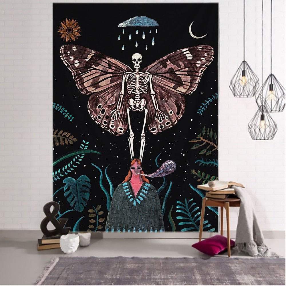 Moon Phase Flower Moth Tapestry - Mystical Wall Decor for Boho Hippie Vibes - DormVibes