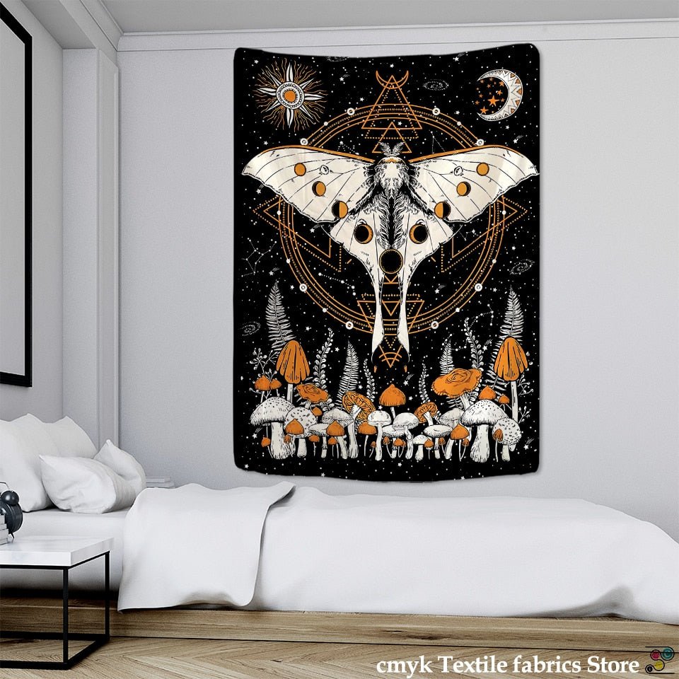 Moon Phase Flower Moth Tapestry - Mystical Wall Decor for Boho Hippie Vibes - DormVibes