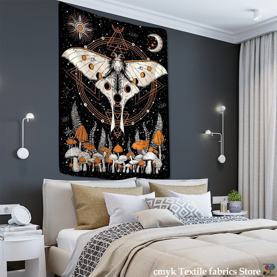 Moon Phase Flower Moth Tapestry - Mystical Wall Decor for Boho Hippie Vibes - DormVibes