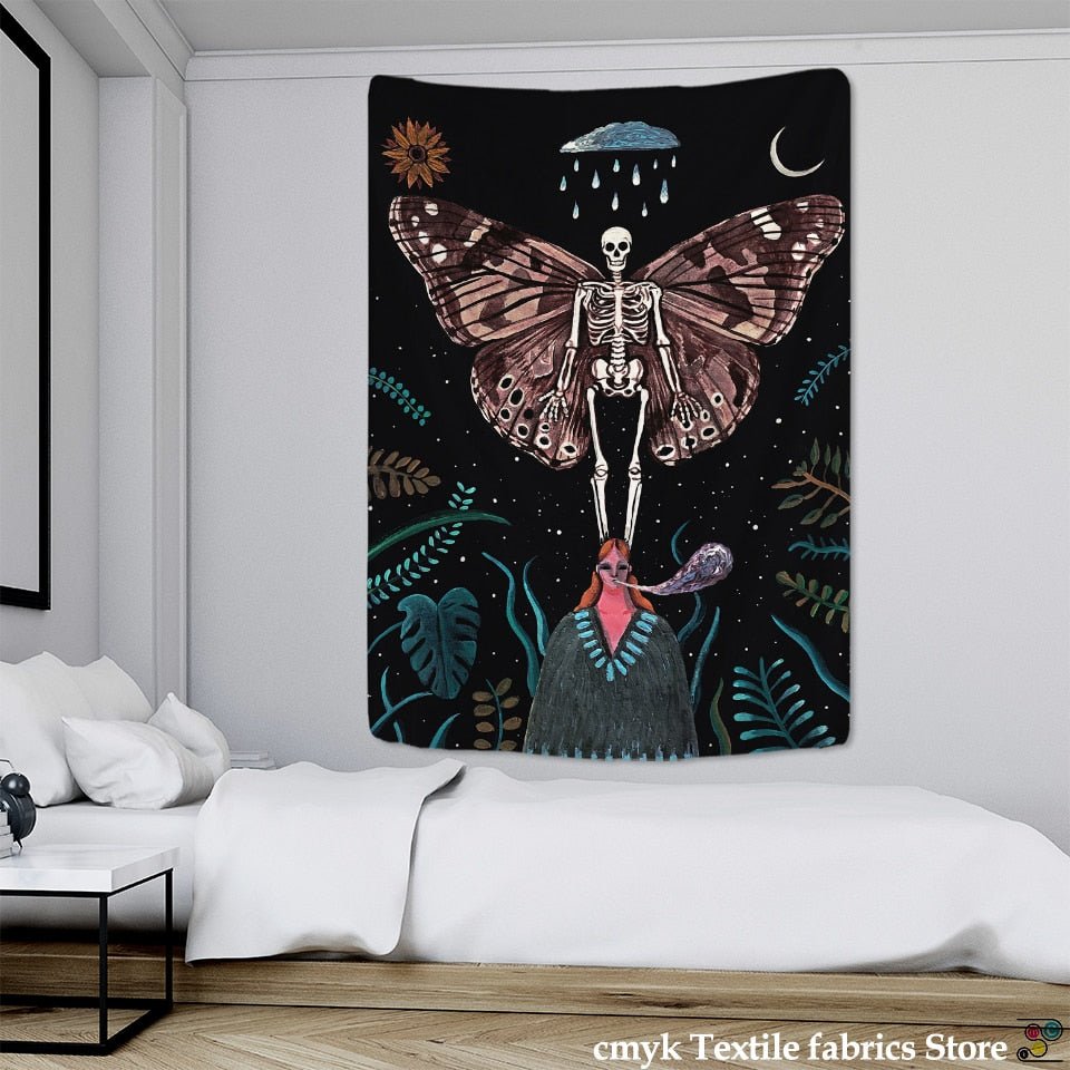 Moon Phase Flower Moth Tapestry - Mystical Wall Decor for Boho Hippie Vibes - DormVibes