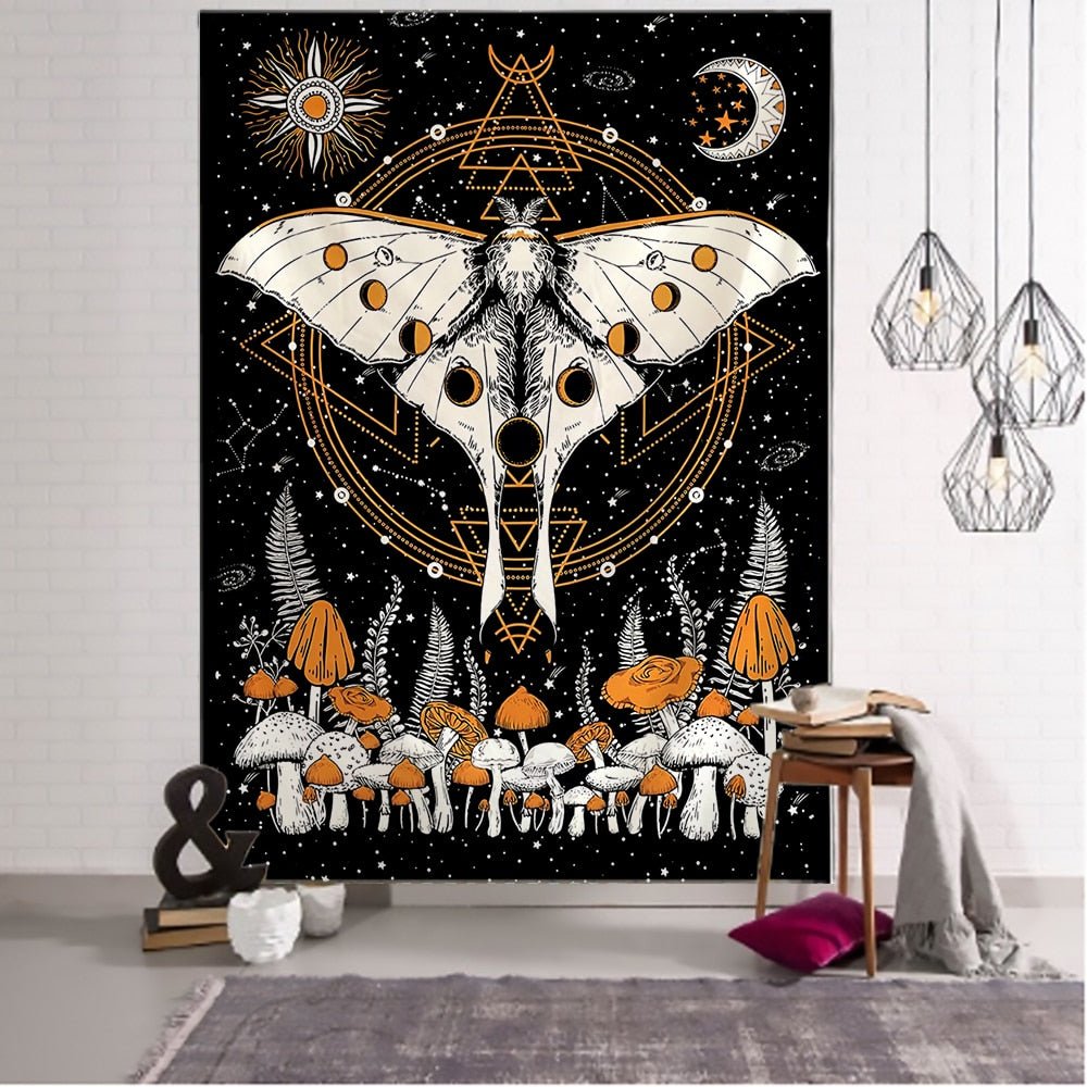 Moon Phase Flower Moth Tapestry - Mystical Wall Decor for Boho Hippie Vibes - DormVibes