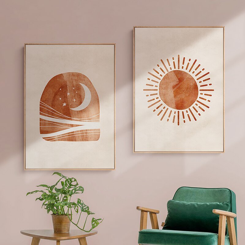 Morandi Sun and Moon Canvas Painting: Nordic Style Wall Art Poster for Living Room and Bedroom, Home Decor Picture - DormVibes
