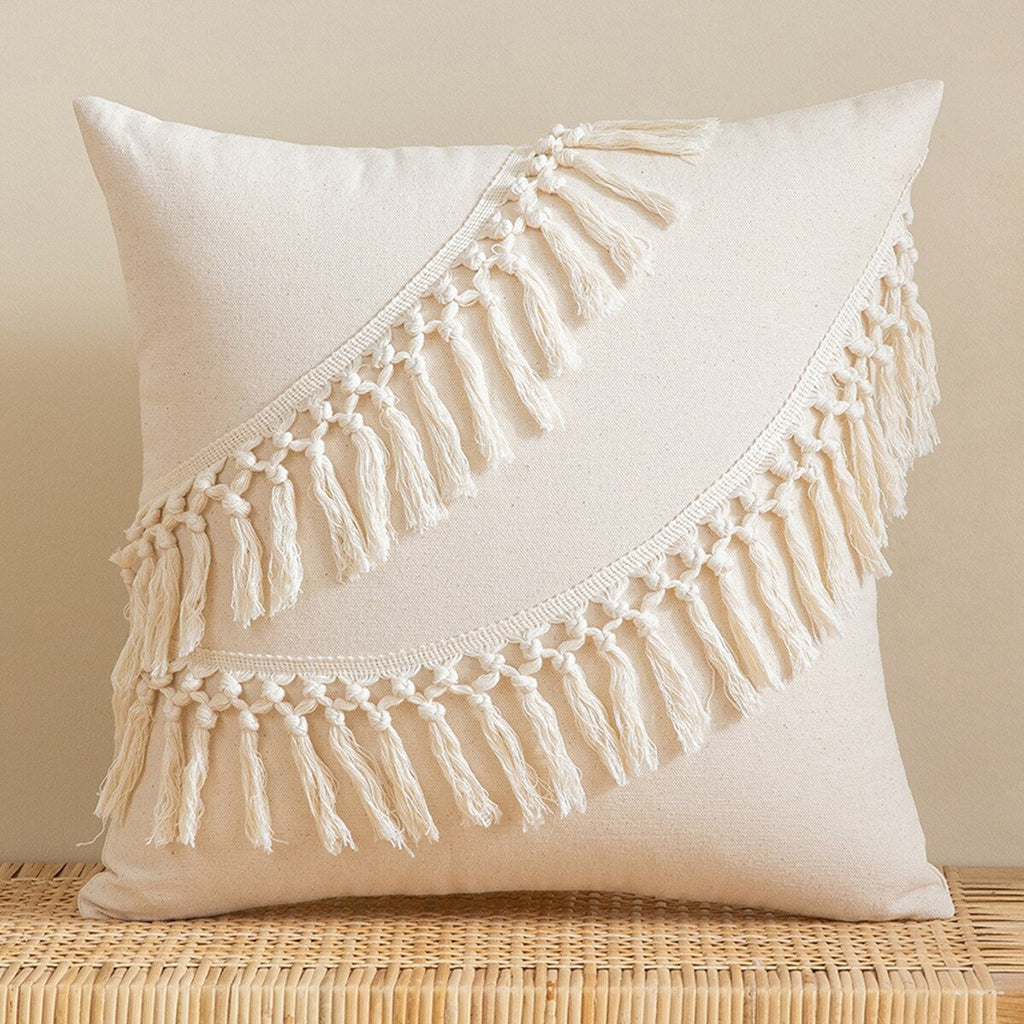 Moroccan Beige Tufted Fringed Cushion Cover: Wabi-Sabi Tassel Crochet, Cotton Linen Pillow Covers for Decorative Home Enhancement - DormVibes