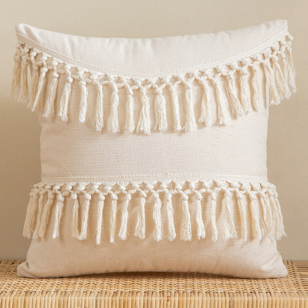 Moroccan Beige Tufted Fringed Cushion Cover: Wabi-Sabi Tassel Crochet, Cotton Linen Pillow Covers for Decorative Home Enhancement - DormVibes