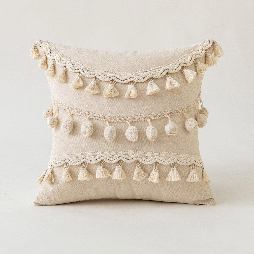 Moroccan Beige Tufted Fringed Cushion Cover: Wabi-Sabi Tassel Crochet, Cotton Linen Pillow Covers for Decorative Home Enhancement - DormVibes