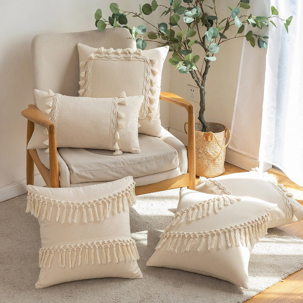 Moroccan Beige Tufted Fringed Cushion Cover: Wabi-Sabi Tassel Crochet, Cotton Linen Pillow Covers for Decorative Home Enhancement - DormVibes