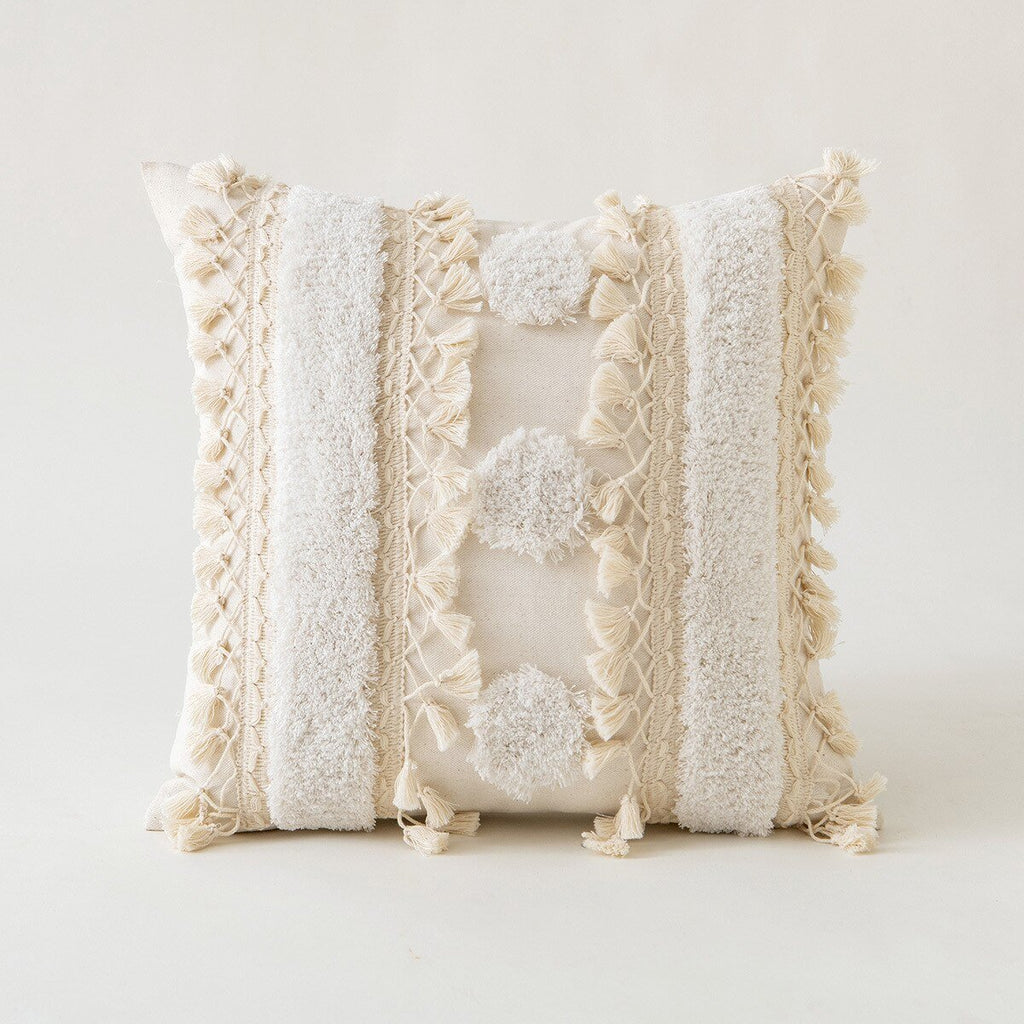 Moroccan Beige Tufted Fringed Cushion Cover: Wabi-Sabi Tassel Crochet, Cotton Linen Pillow Covers for Decorative Home Enhancement - DormVibes