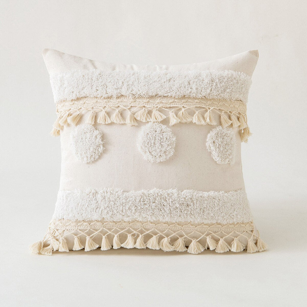 Moroccan Beige Tufted Fringed Cushion Cover: Wabi-Sabi Tassel Crochet, Cotton Linen Pillow Covers for Decorative Home Enhancement - DormVibes