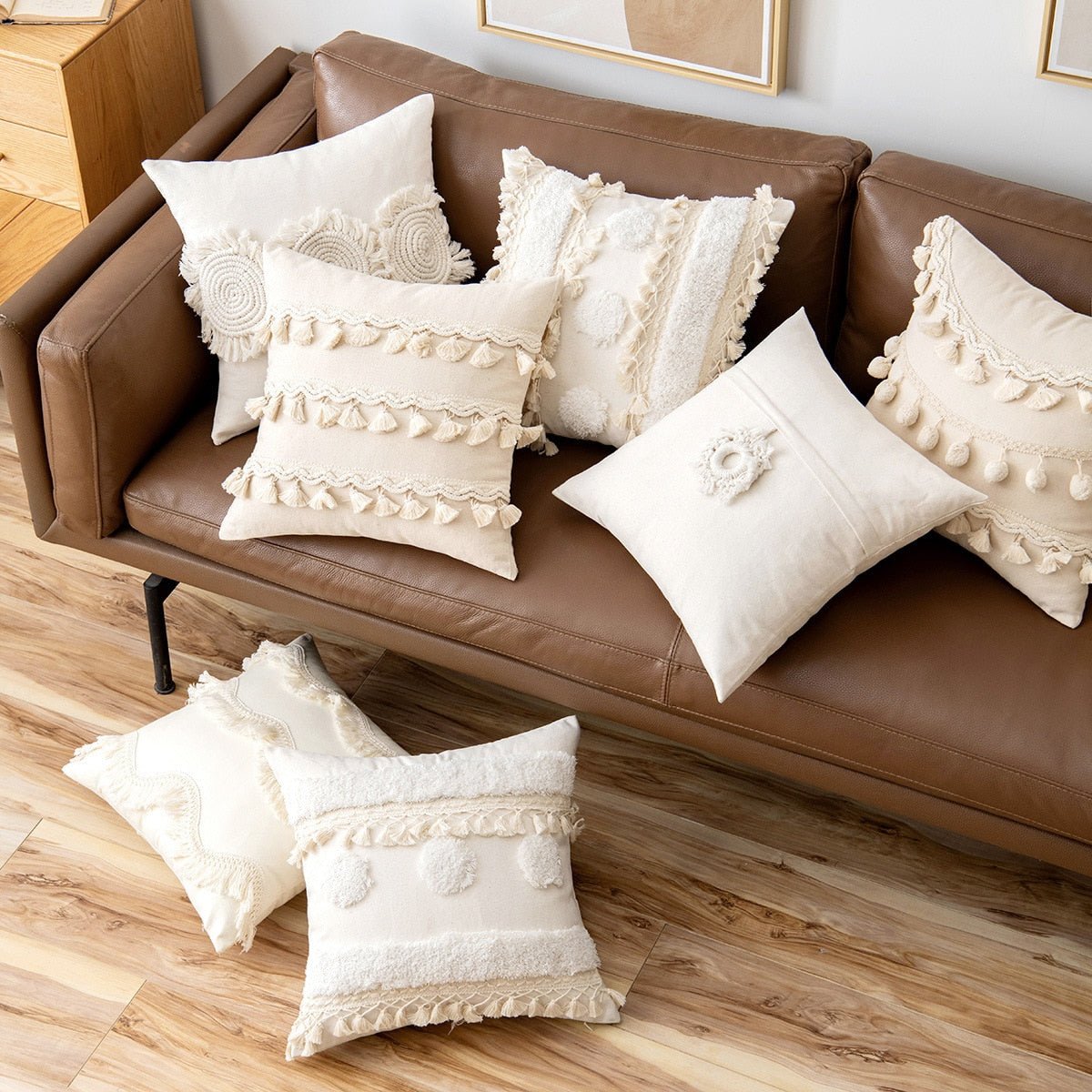 Moroccan Beige Tufted Fringed Cushion Cover Wabi Sabi Tassel