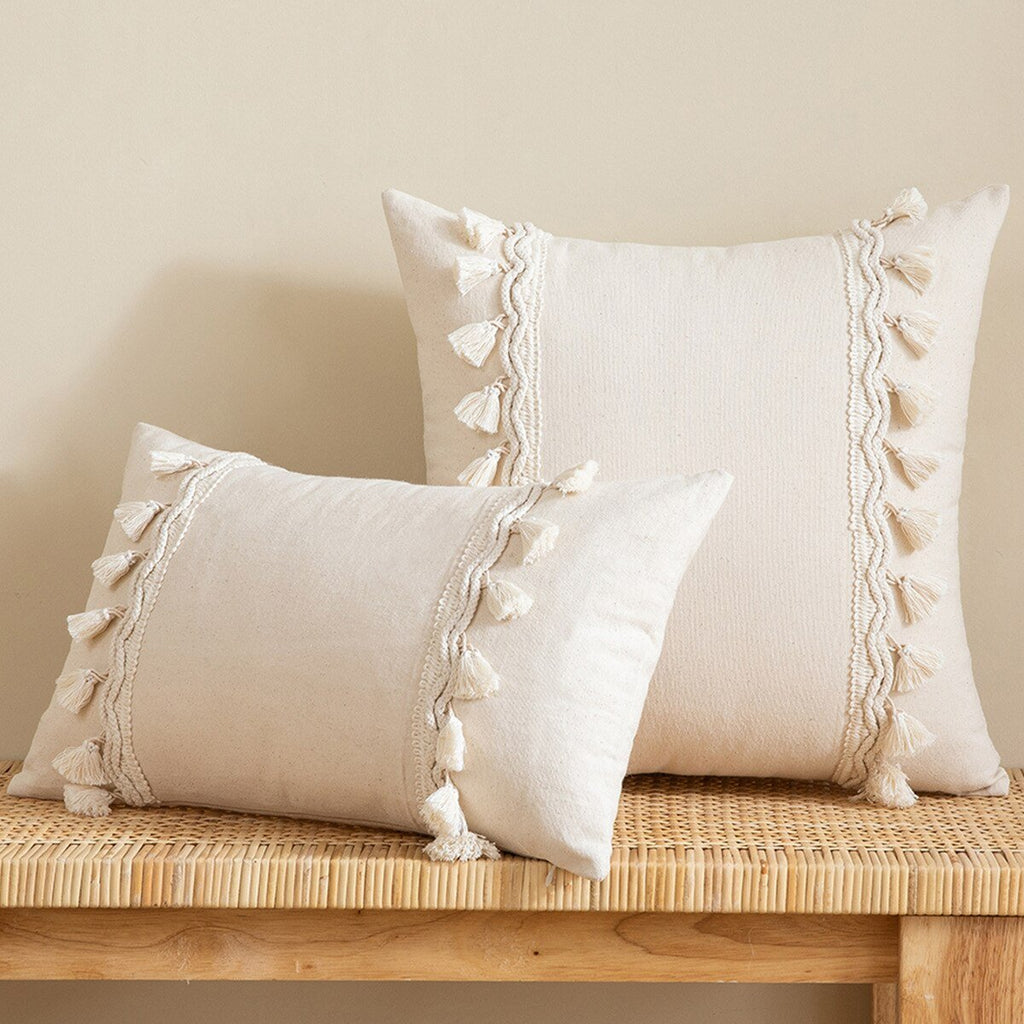 Moroccan Beige Tufted Fringed Cushion Cover: Wabi-Sabi Tassel Crochet, Cotton Linen Pillow Covers for Decorative Home Enhancement - DormVibes