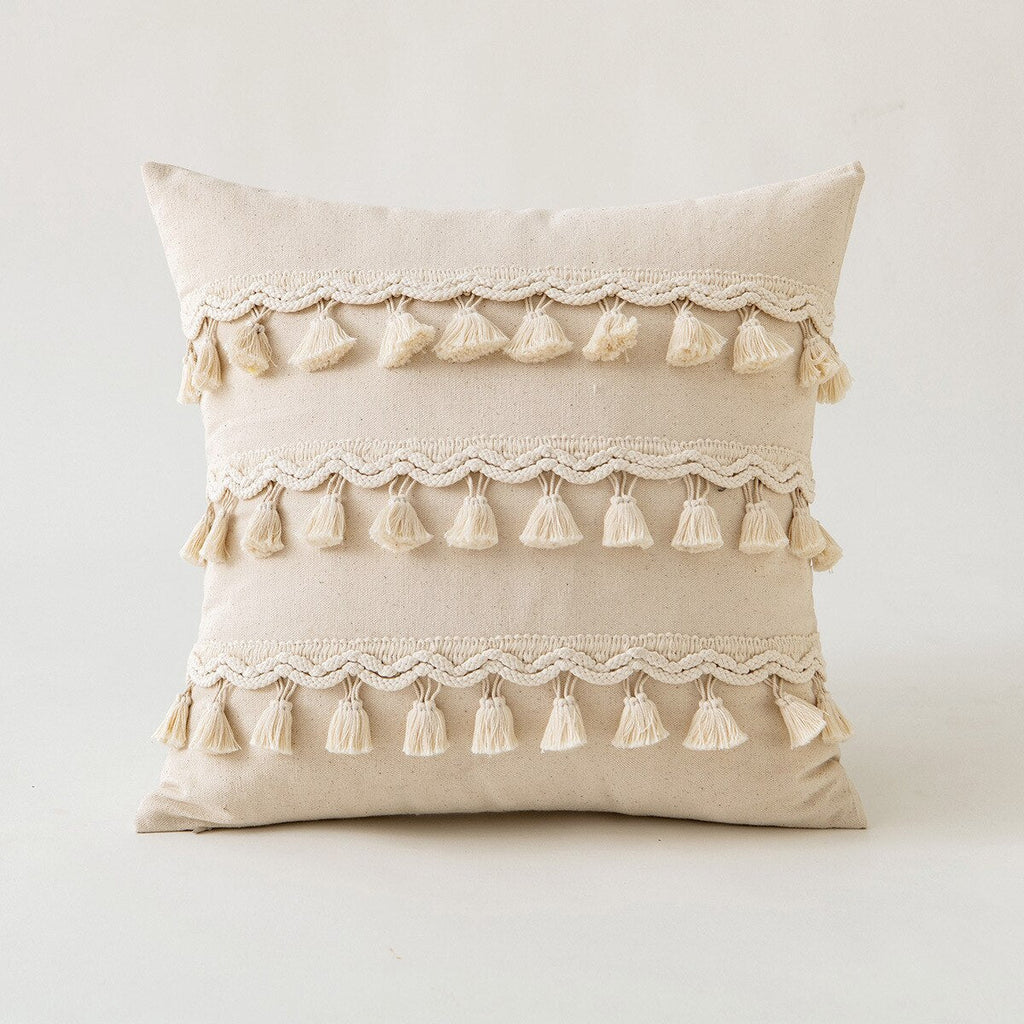Moroccan Beige Tufted Fringed Cushion Cover: Wabi-Sabi Tassel Crochet, Cotton Linen Pillow Covers for Decorative Home Enhancement - DormVibes