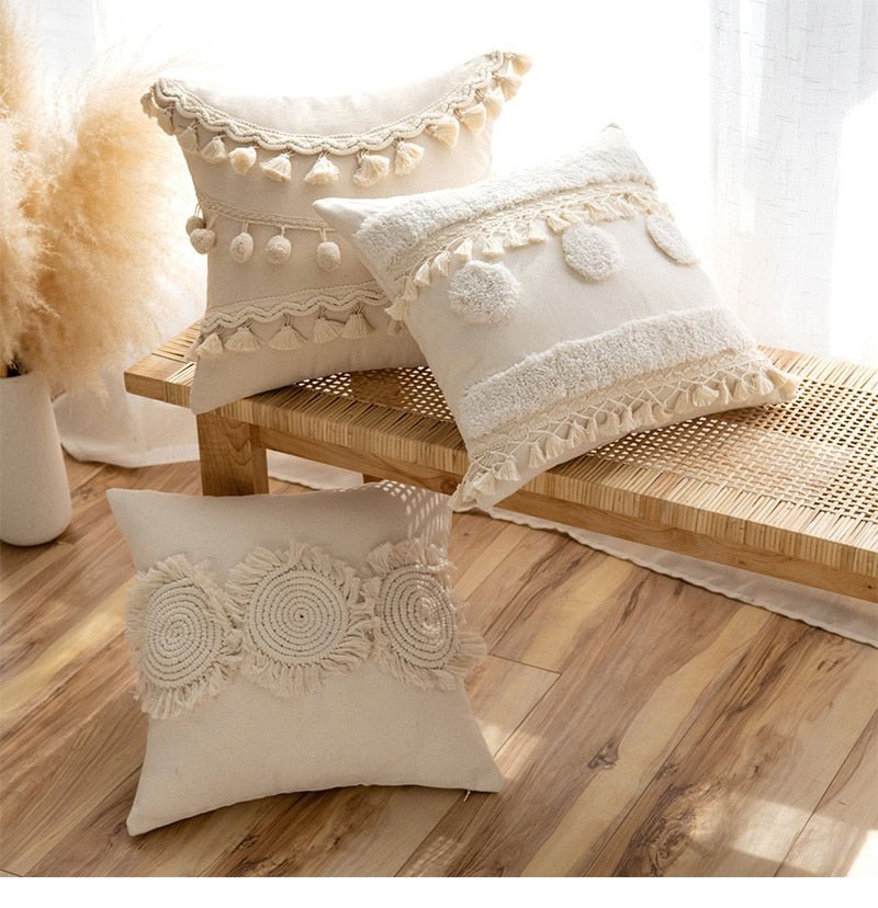 Moroccan Beige Tufted Fringed Cushion Cover: Wabi-Sabi Tassel Crochet, Cotton Linen Pillow Covers for Decorative Home Enhancement - DormVibes
