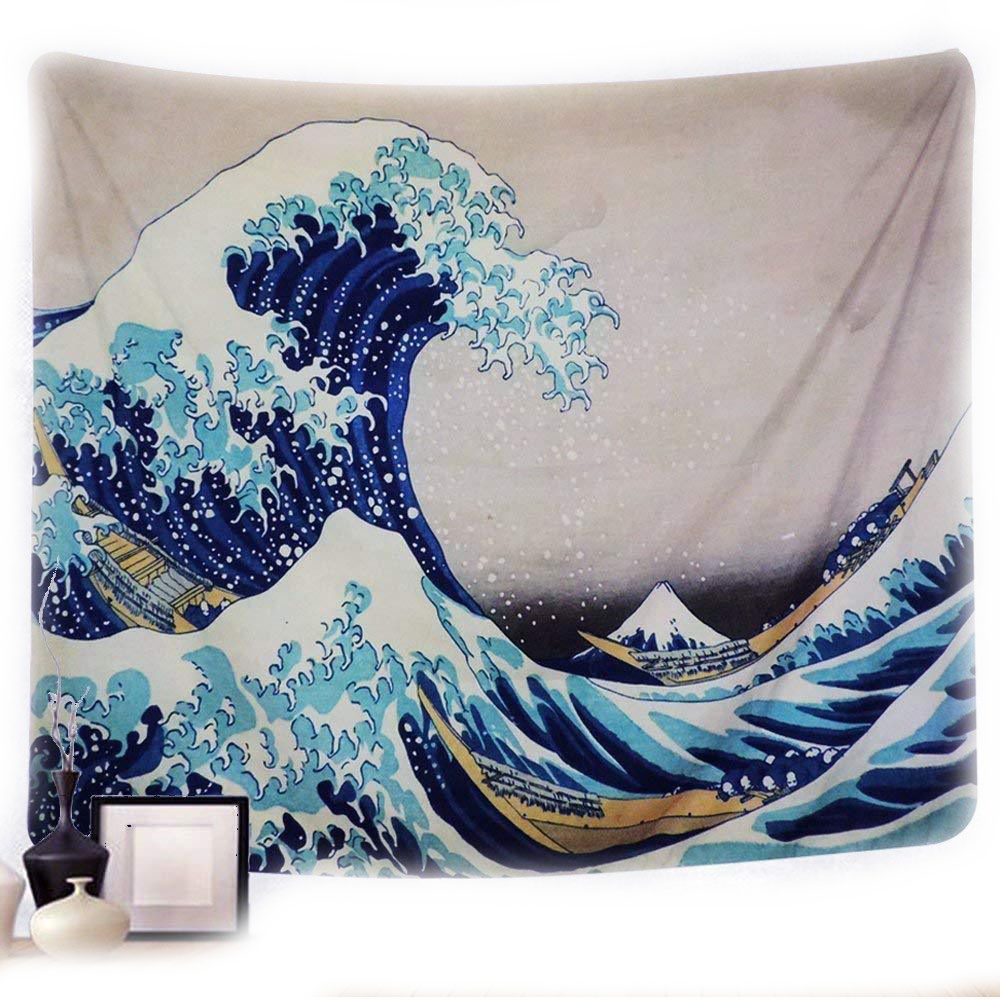 Blue Great Wave tapestry with Mount Fuji against a pale background