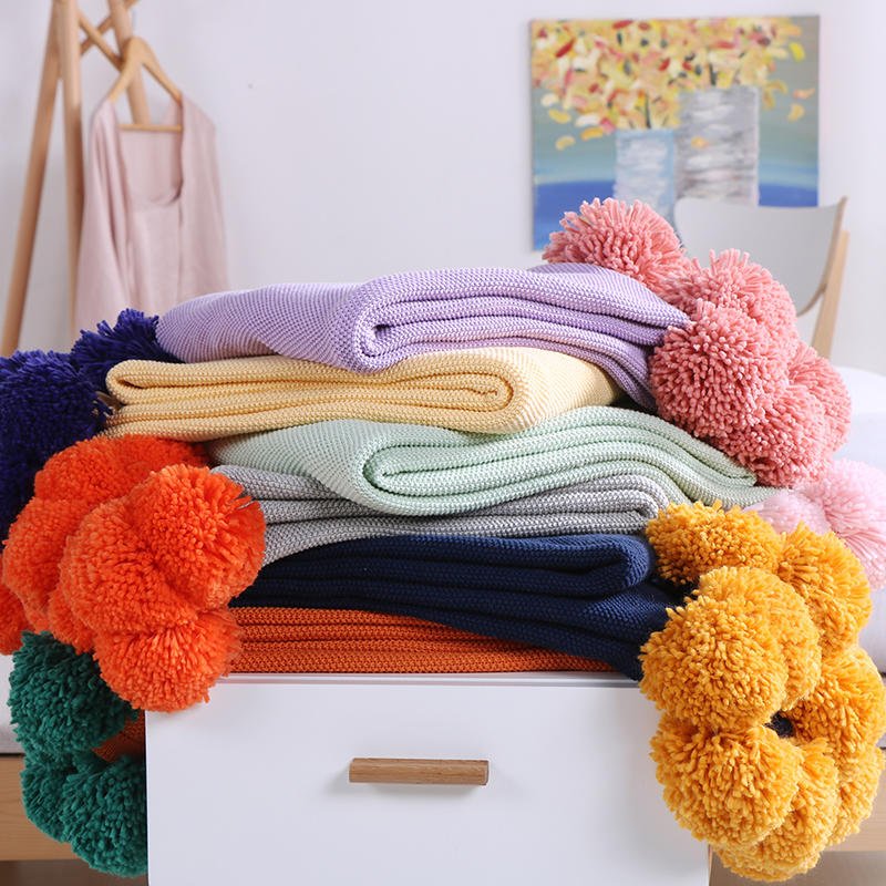 Multicolor Pom Pom Throw Blanket - DormVibes