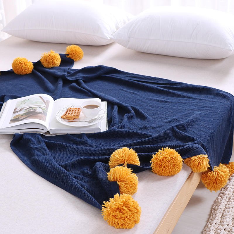 Navy throw blanket clearance with pom poms