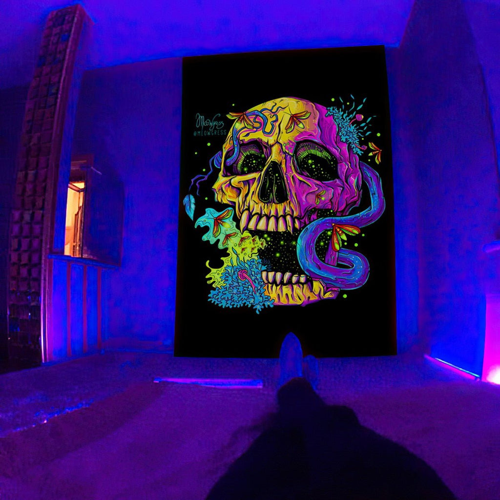 Mushroom Insect Trippy Skull Blacklight Tapestry - DormVibes