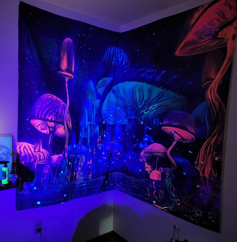 Mushroom Starry Night BlackLight Tapestry - DormVibes