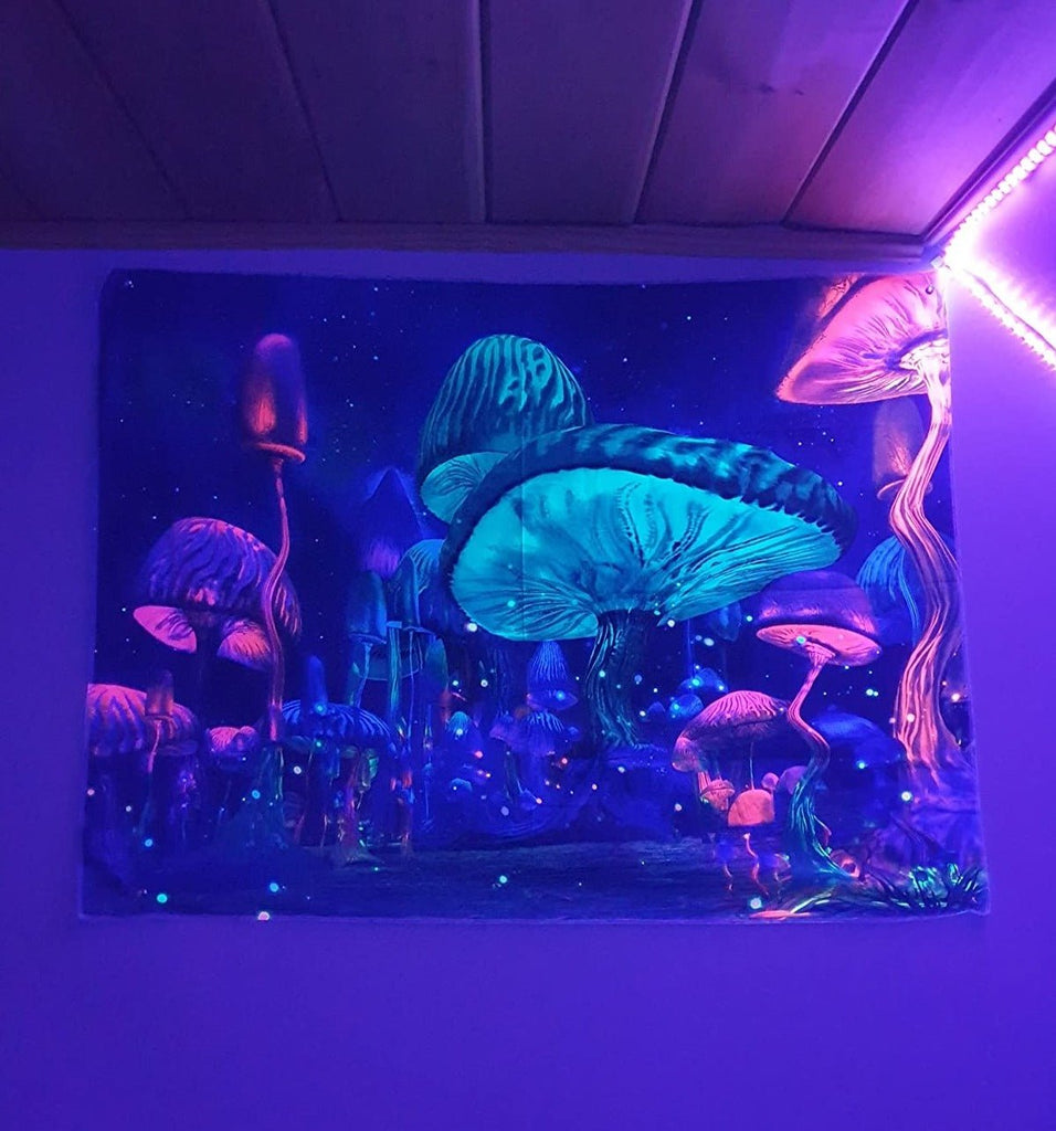 Mushroom Starry Night BlackLight Tapestry - DormVibes