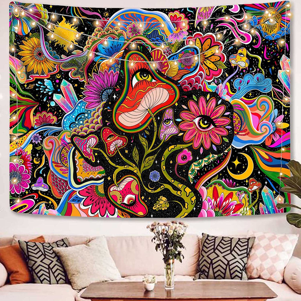 Colorful mushroom and flower tapestry on black above a sofa