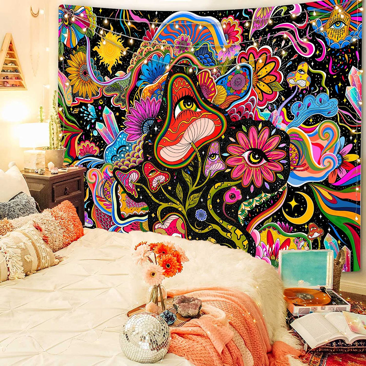 Bright mushroom and floral tapestry above a bed