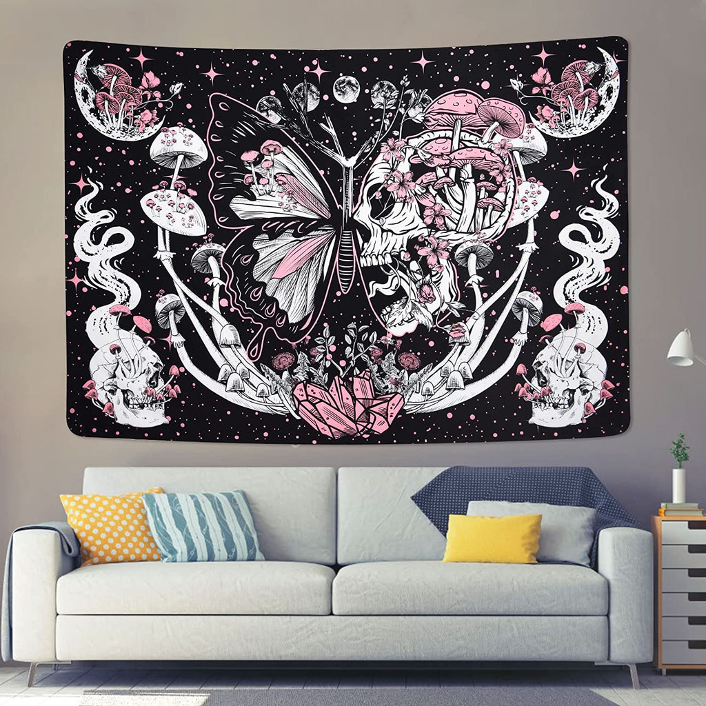 Mystic Dreamscape Butterfly Skull Black Tapestry - DormVibes