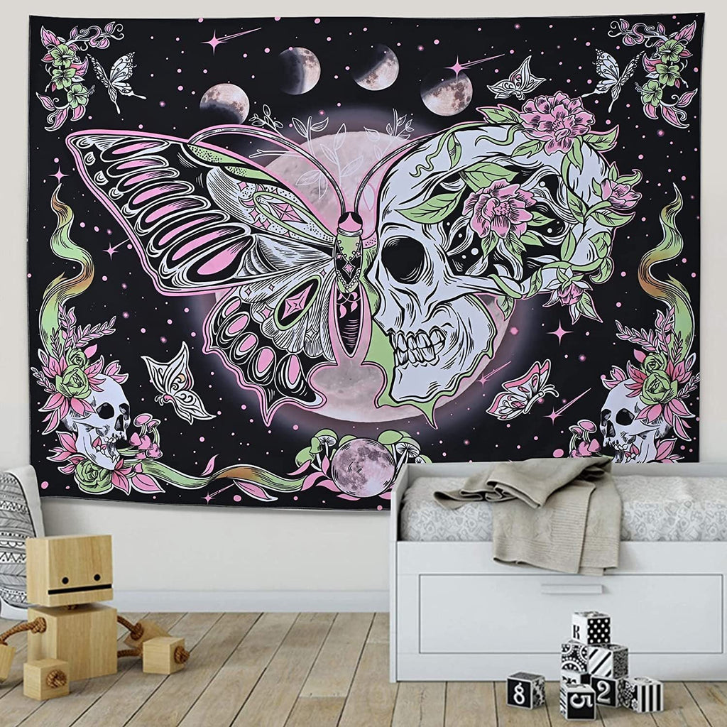 Mystic Dreamscape Butterfly Skull Black Tapestry - DormVibes