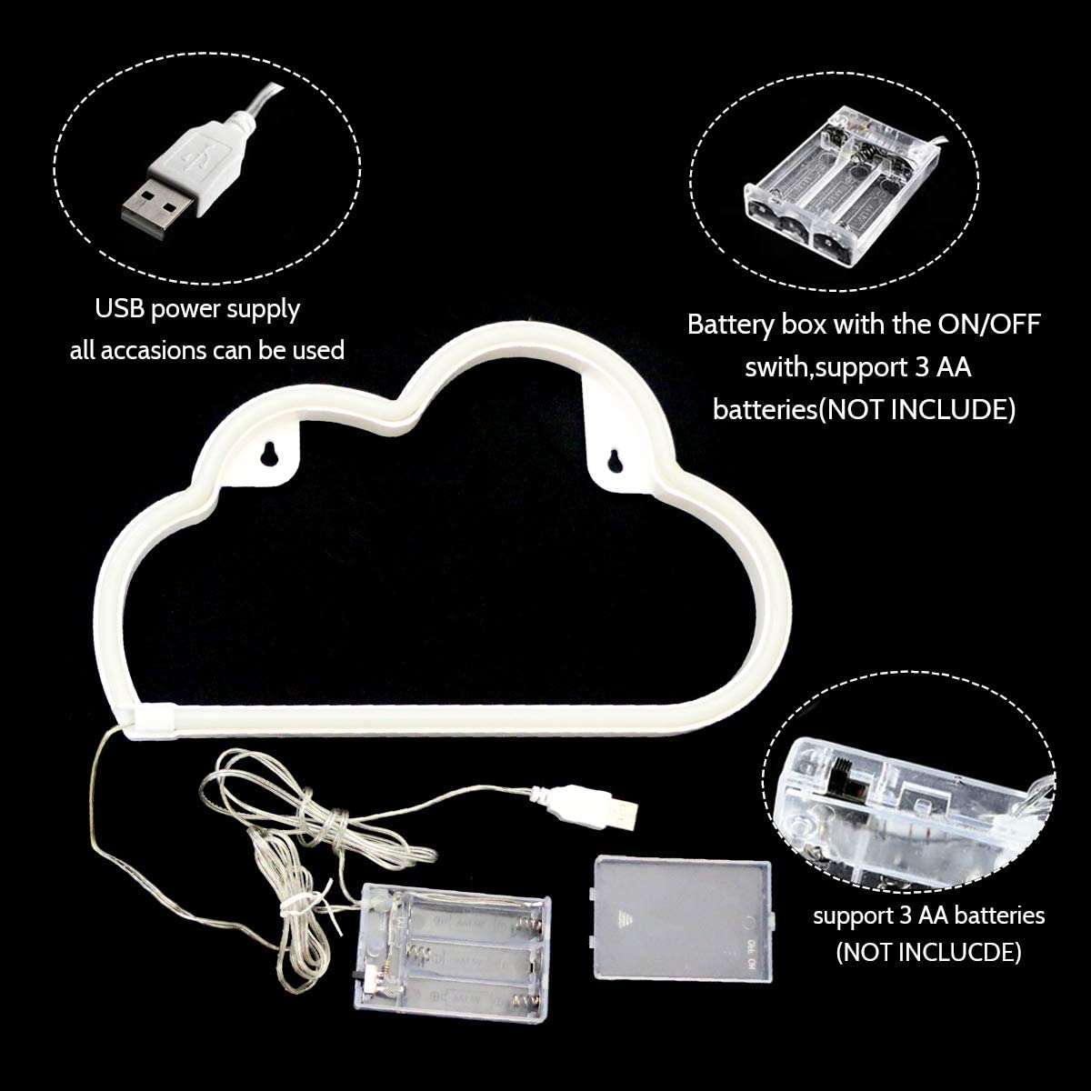 Unlit cloud sign diagram with USB cable and battery compartment
