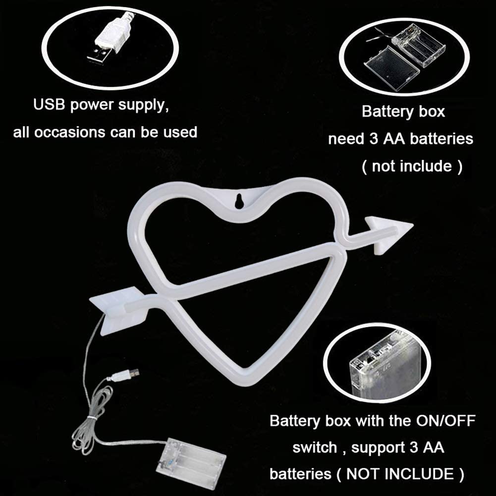 Heart-and-arrow sign diagram with USB cable and battery compartment