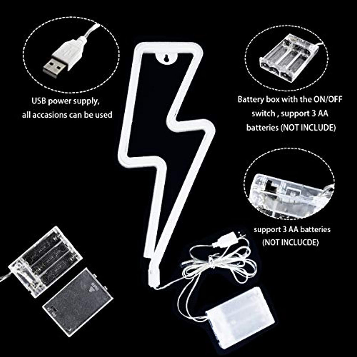 Lightning bolt sign diagram showing USB cable and battery compartment
