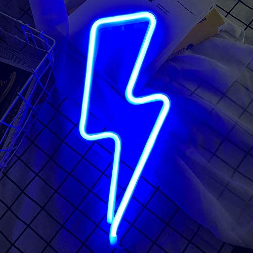Blue lightning bolt neon sign mounted on a wire grid