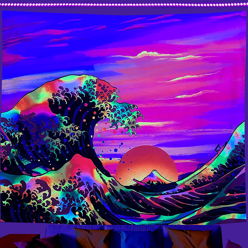 Rainbow ocean wave and orange sun tapestry under purple lighting
