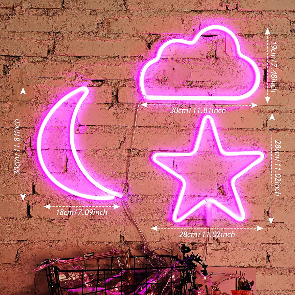 Dimension diagram of pink cloud, crescent moon and star signs