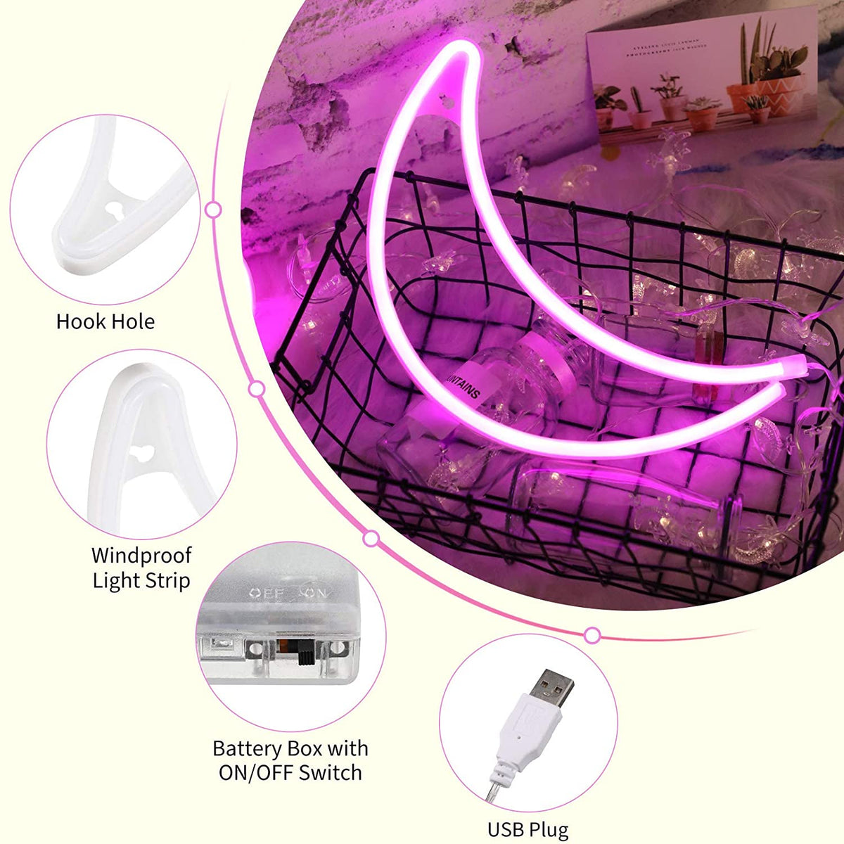 Crescent moon sign diagram showing hanging hole, switch and USB plug