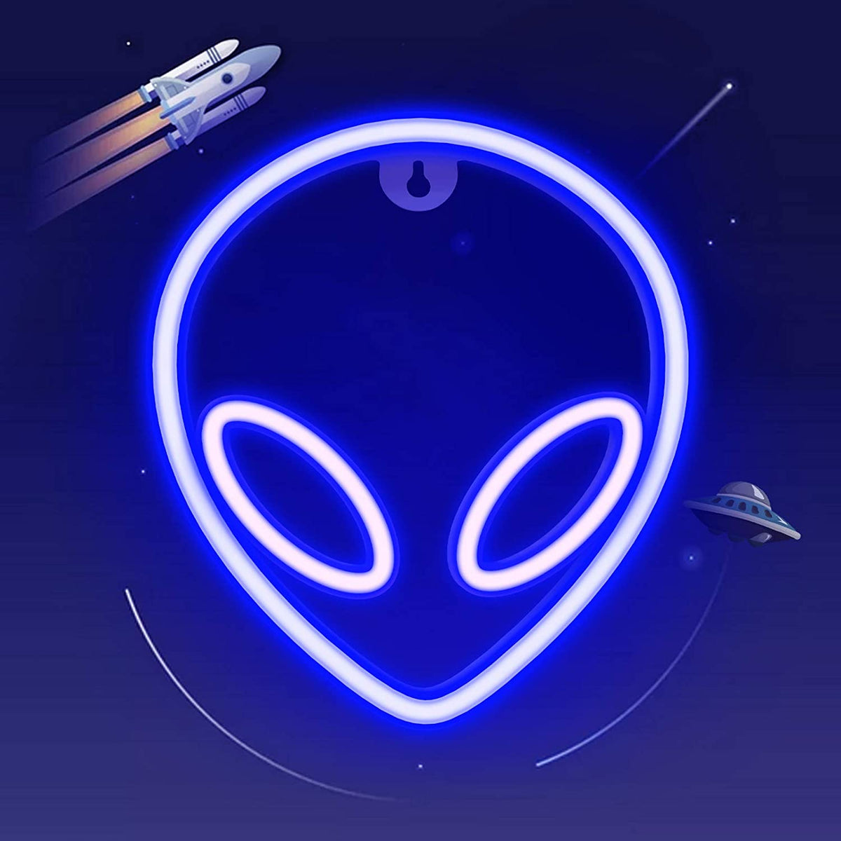 All-blue alien head neon sign on a clear round backing