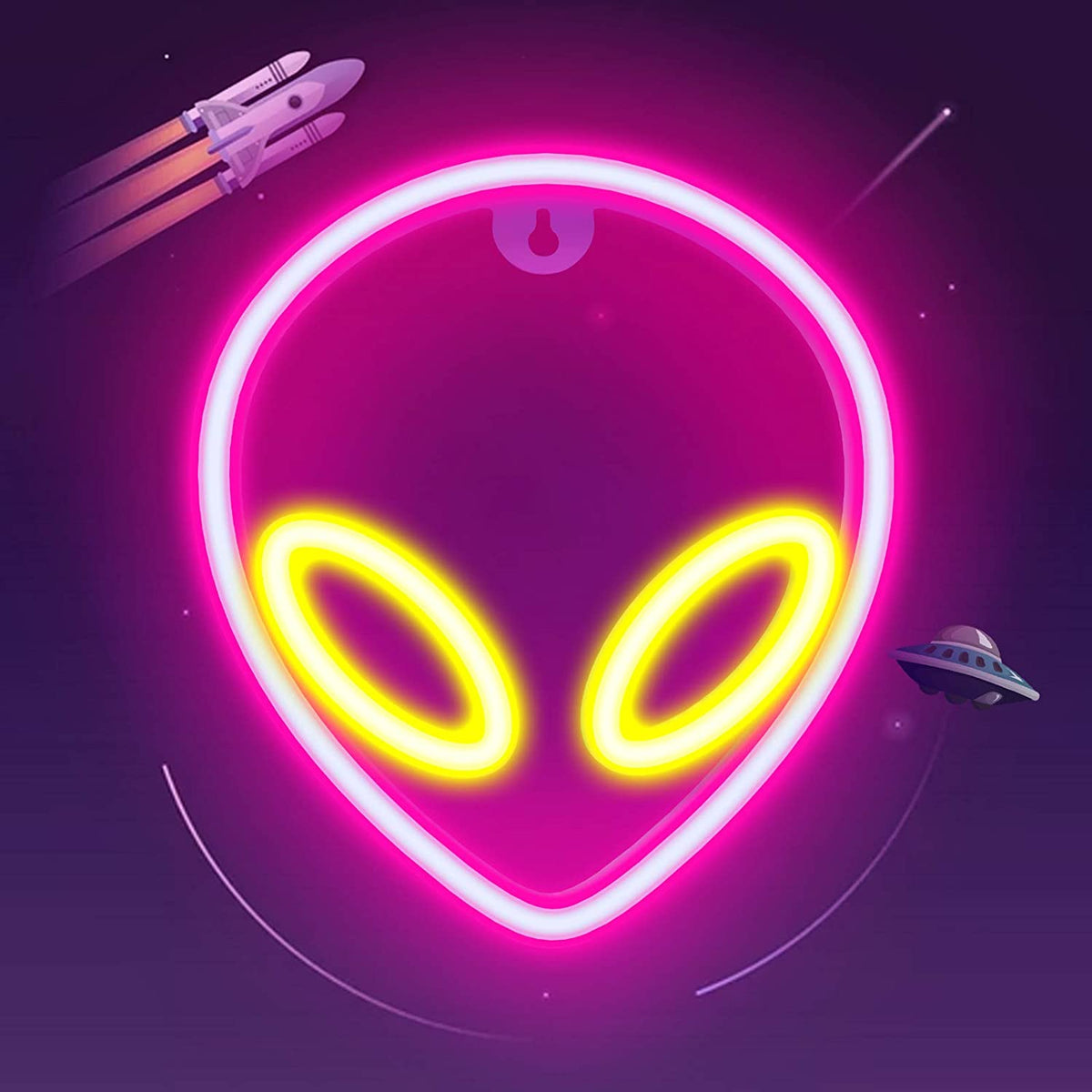 Pink alien head neon sign with yellow eyes
