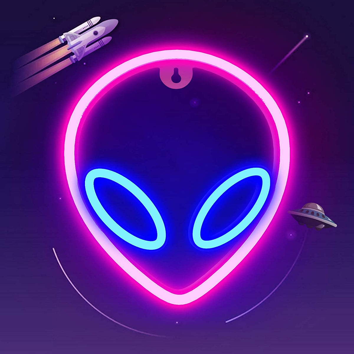 Pink alien head neon sign with blue eyes