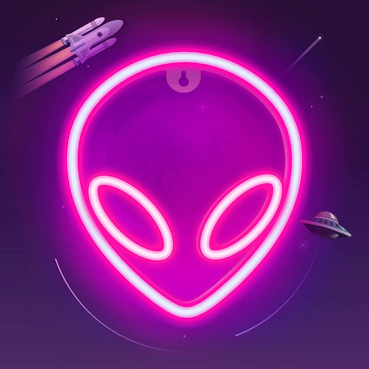 All-pink alien head neon sign against a dark background