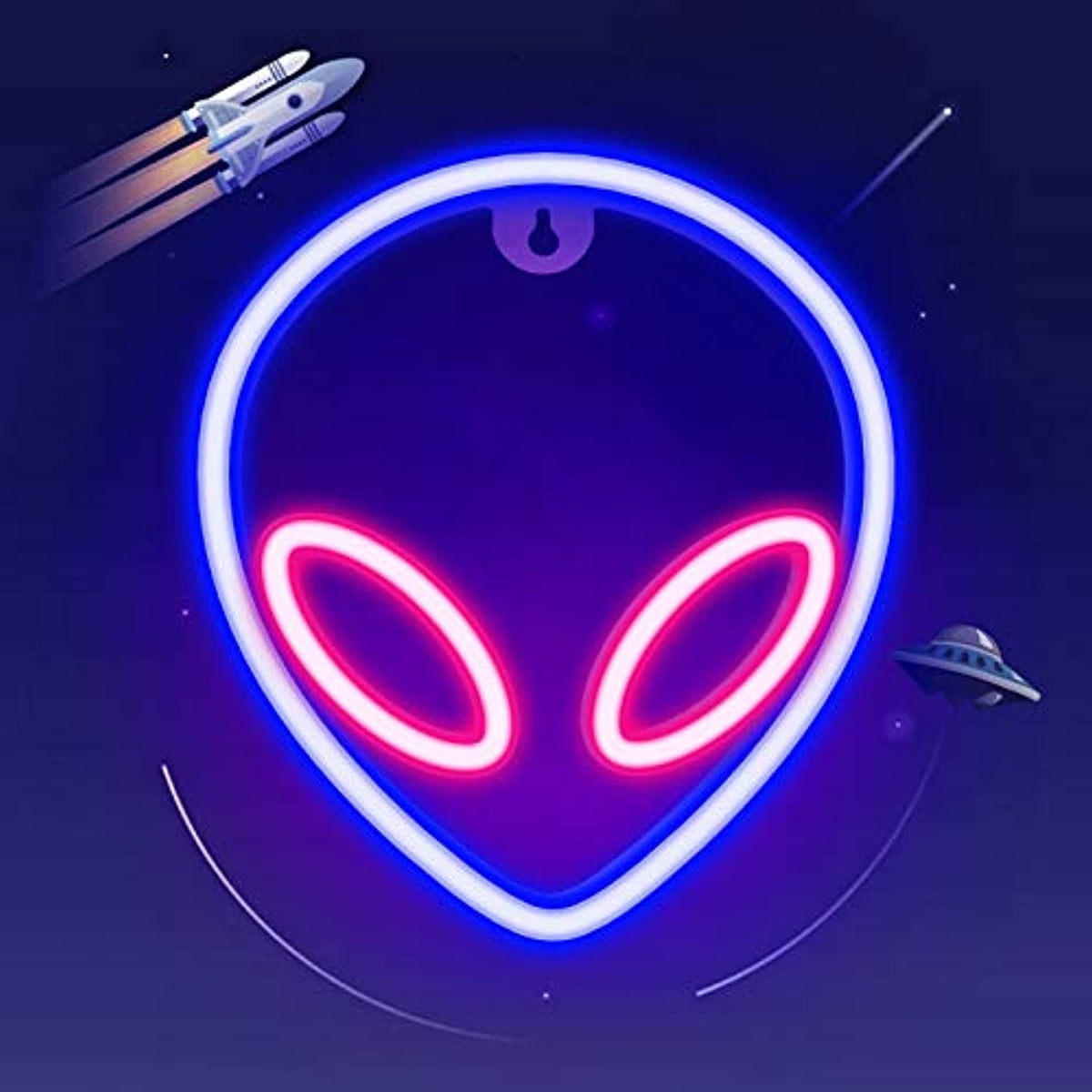 Blue alien head neon sign with pink eyes on a round backing