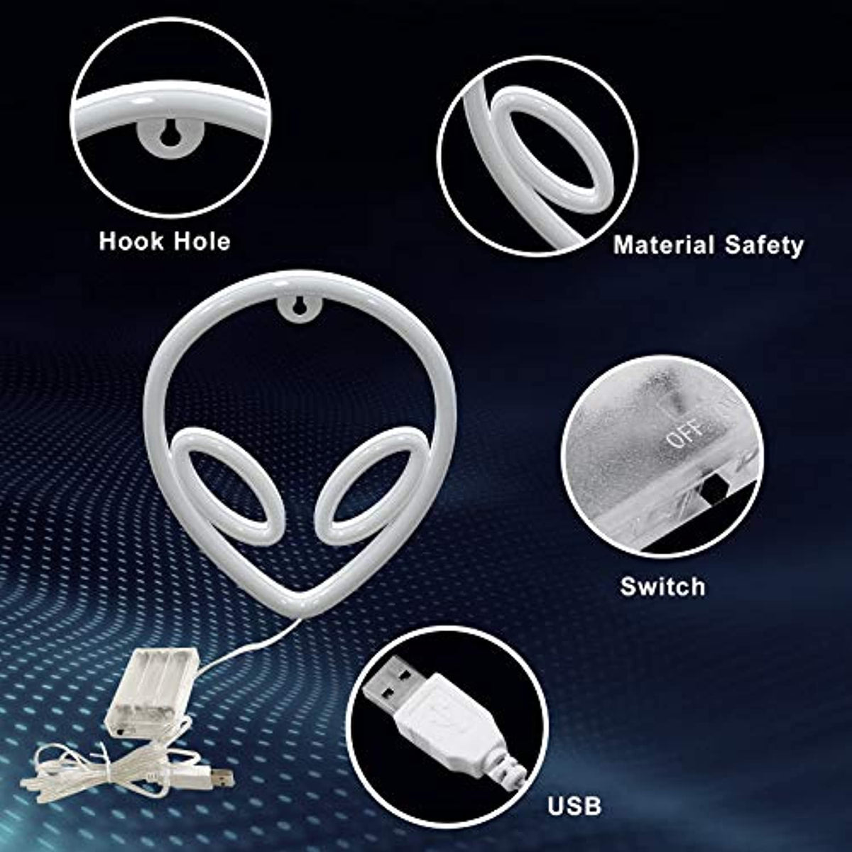 Alien sign diagram showing hanging hole, switch and USB connection