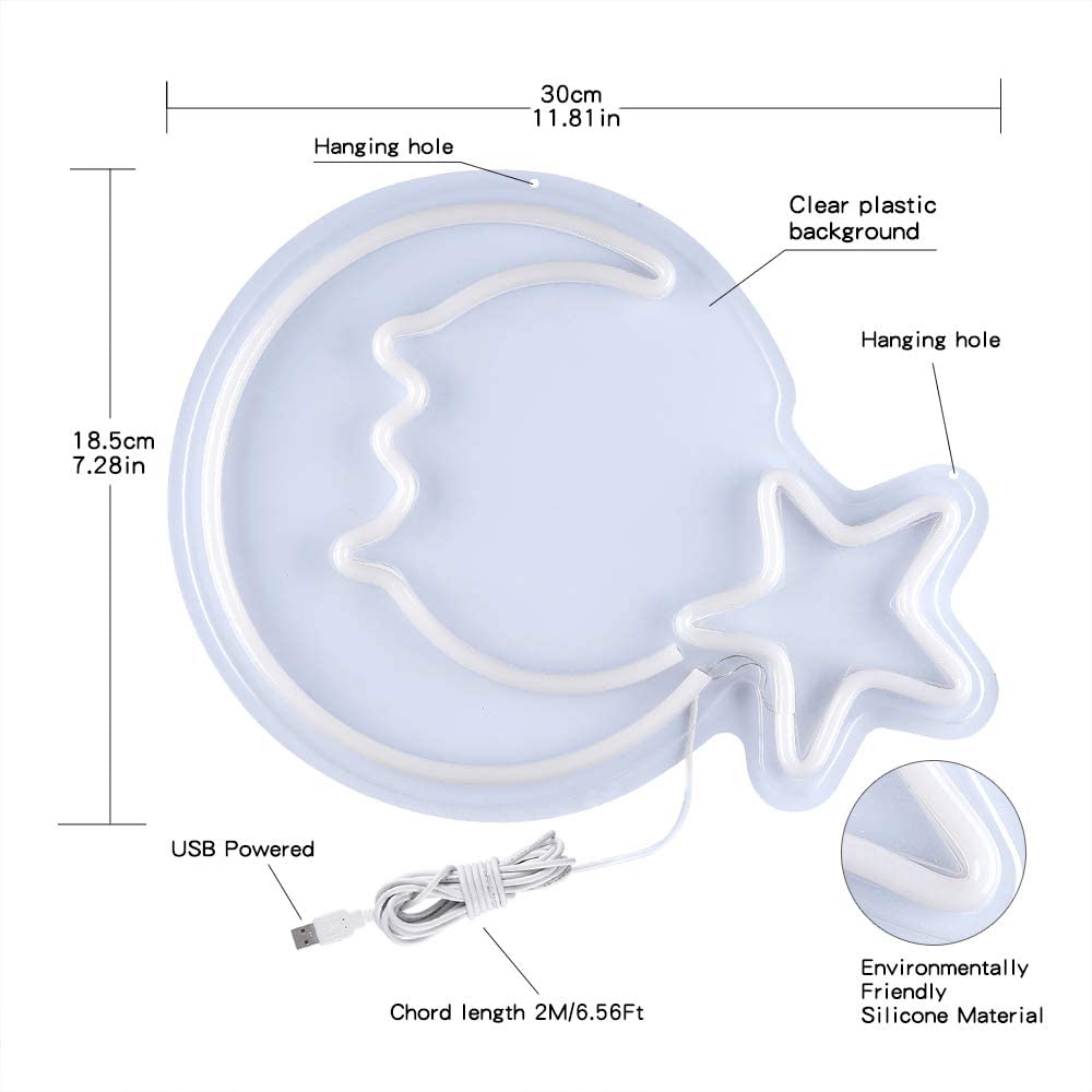 Moon-and-star sign size diagram showing the unlit frame and USB cable
