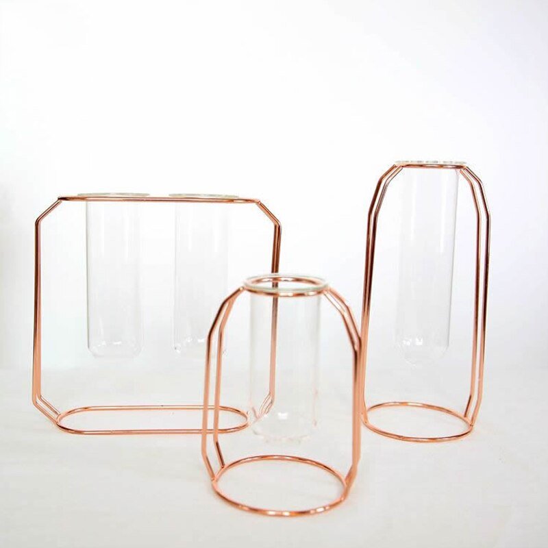 Nordic Style Glass Iron Art Vase Set: Rose Gold Geometric Flowerpot for Home Decor and Wedding Accessories - DormVibes