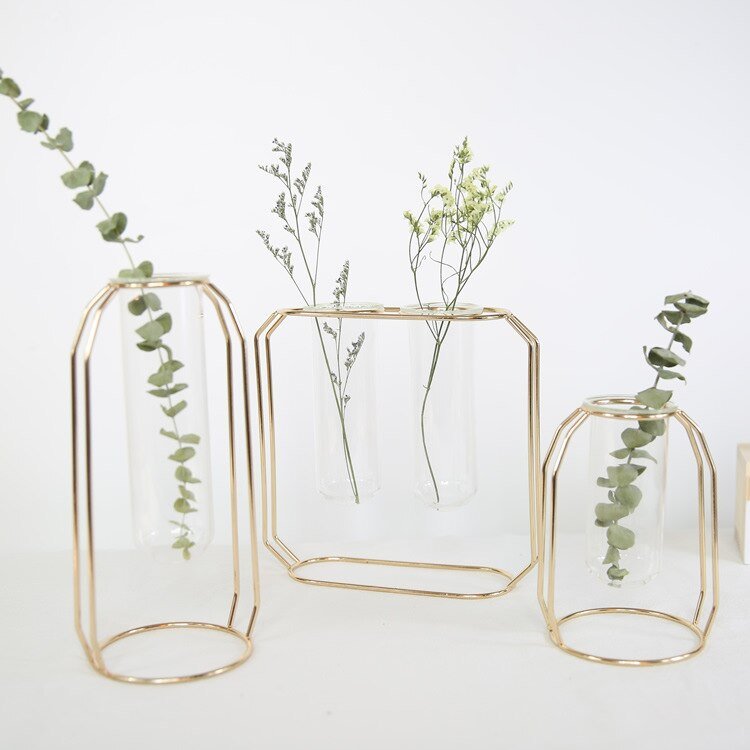 Nordic Style Glass Iron Art Vase Set: Rose Gold Geometric Flowerpot for Home Decor and Wedding Accessories - DormVibes