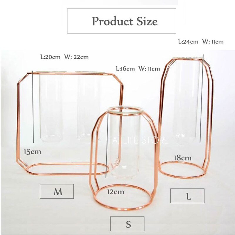 Nordic Style Glass Iron Art Vase Set: Rose Gold Geometric Flowerpot for Home Decor and Wedding Accessories - DormVibes