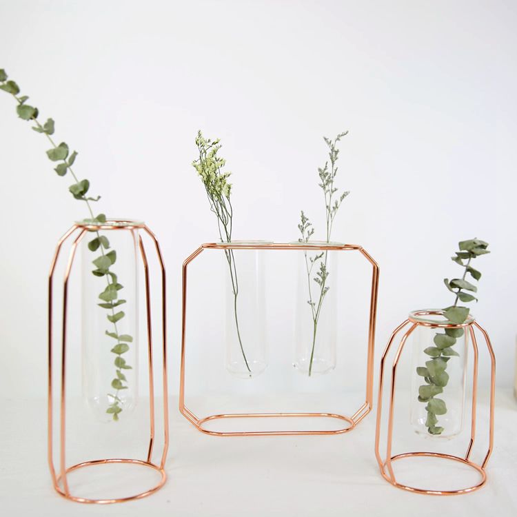 Nordic Style Glass Iron Art Vase Set: Rose Gold Geometric Flowerpot for Home Decor and Wedding Accessories - DormVibes