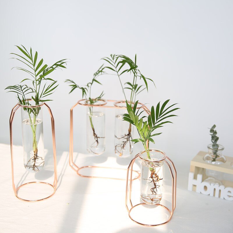 Nordic Style Glass Iron Art Vase Set: Rose Gold Geometric Flowerpot for Home Decor and Wedding Accessories - DormVibes