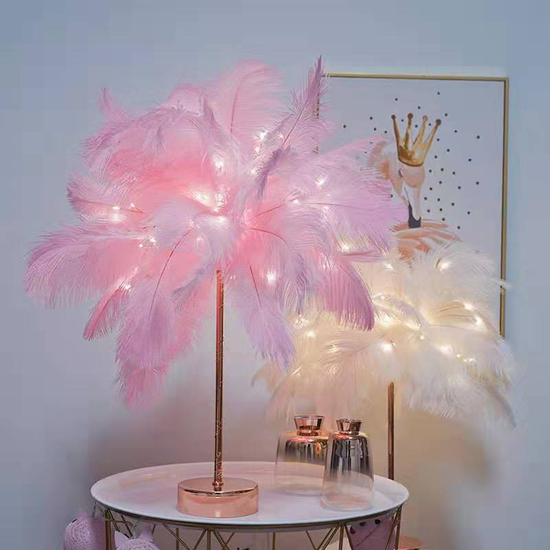 Nordic Style Ostrich Feather Lamp for Table with Rose Gold Base - DormVibes