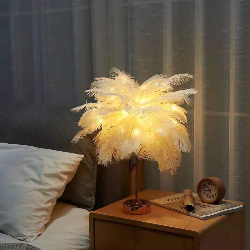 Nordic Style Ostrich Feather Lamp for Table with Rose Gold Base - DormVibes