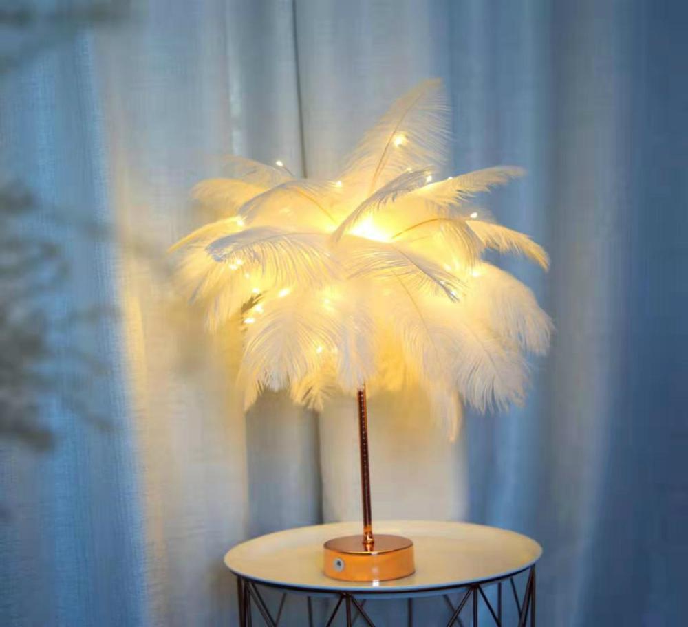 Nordic Style Ostrich Feather Lamp for Table with Rose Gold Base - DormVibes